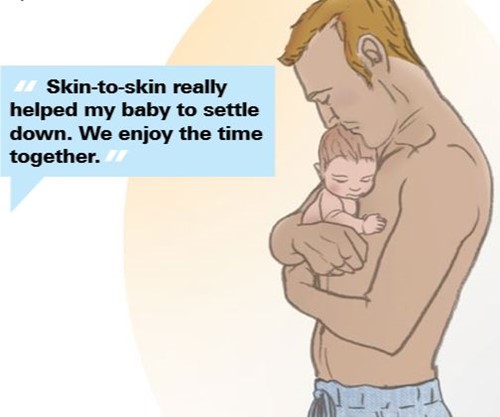 Father holding baby to his chest skin to skin